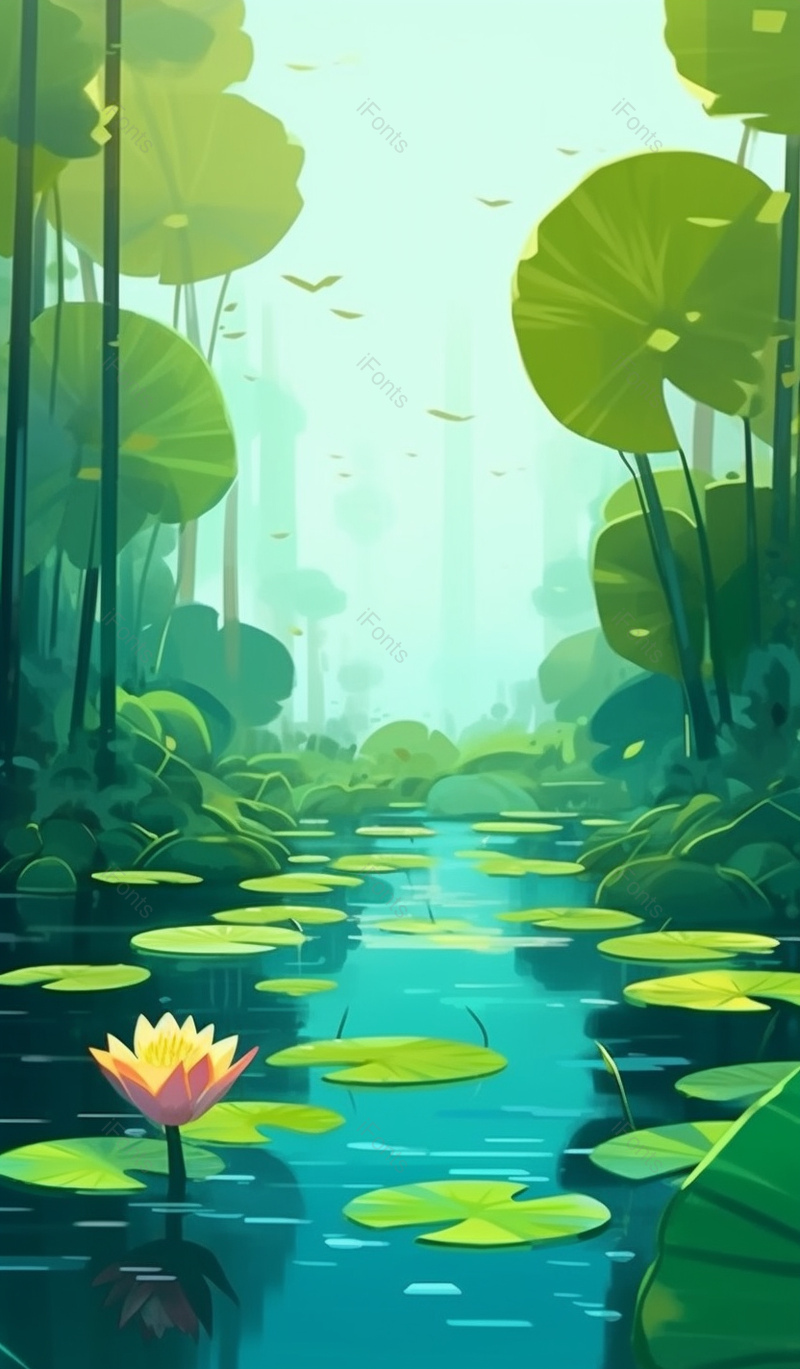 唯美绿色夏至池塘的风景清新插画背景,插画/手绘图,插画/手绘图库,插画/手绘图下载,插画/手绘